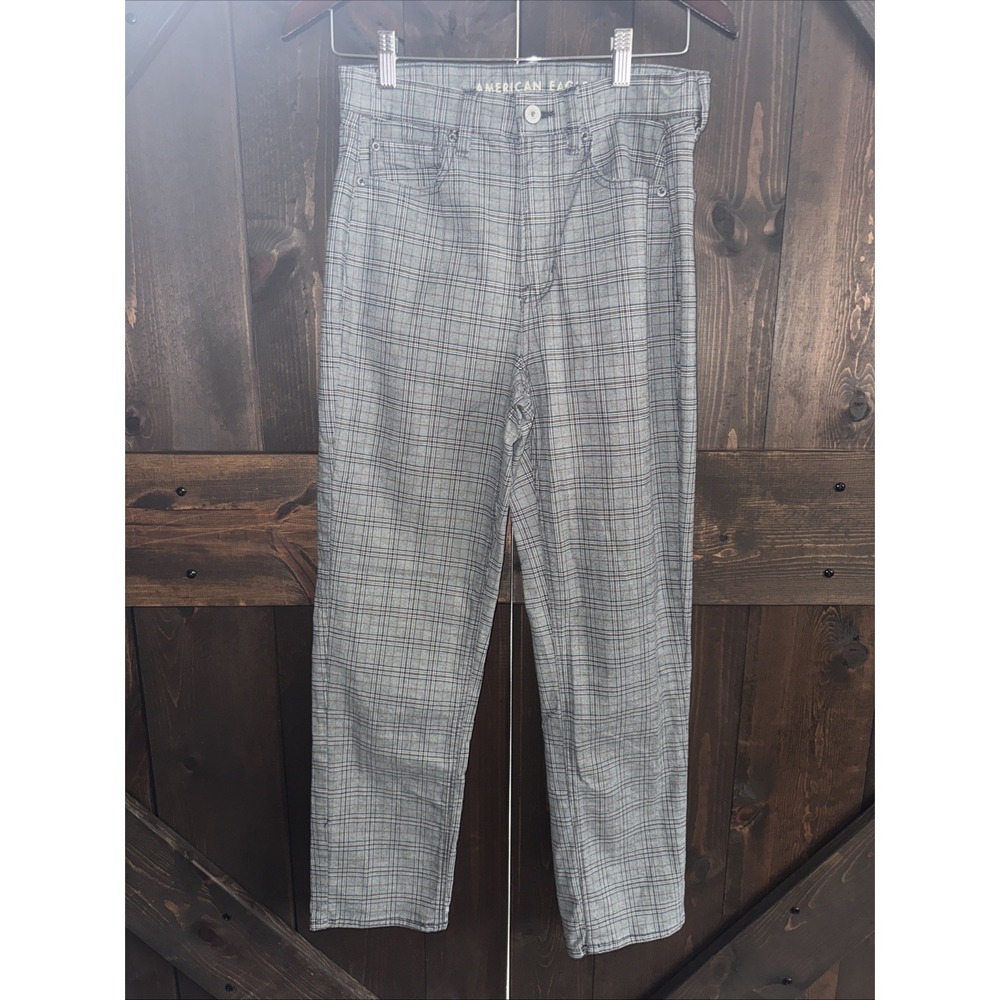 American Eagle Mom Straight Pant 6 Gray Plaid Stretch